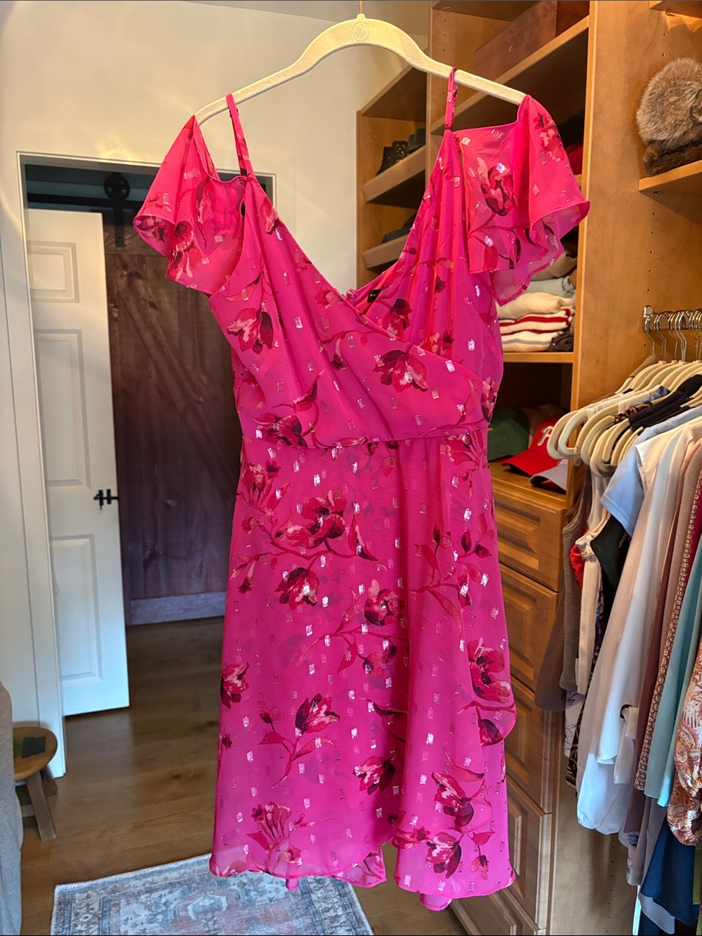 Bright Pink Floral Ruffle Midi Dress